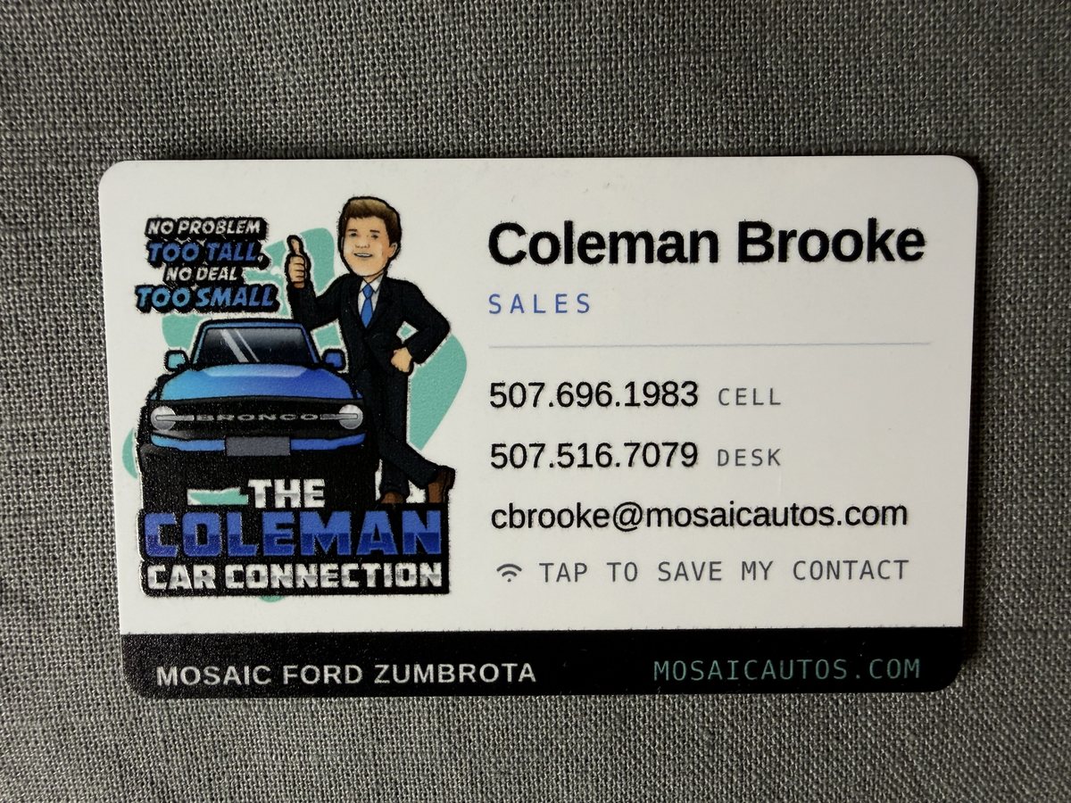 Contactless dealership card, full-color UV printed with a tap-to-save-contact cue